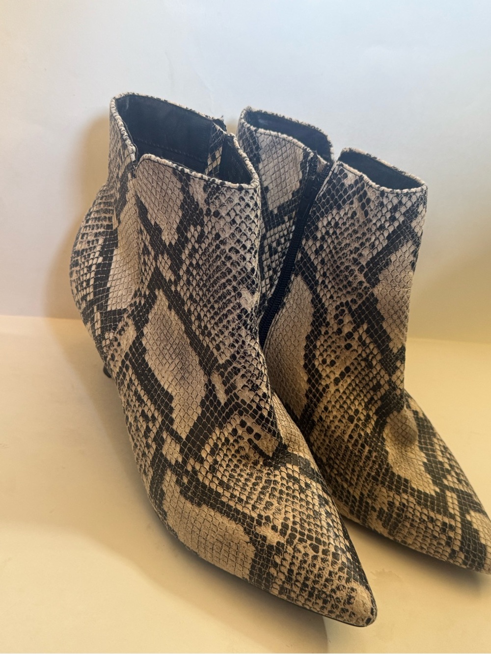 Snake-Print Pointed Toe Ankle Heel Boots - Beige/Black